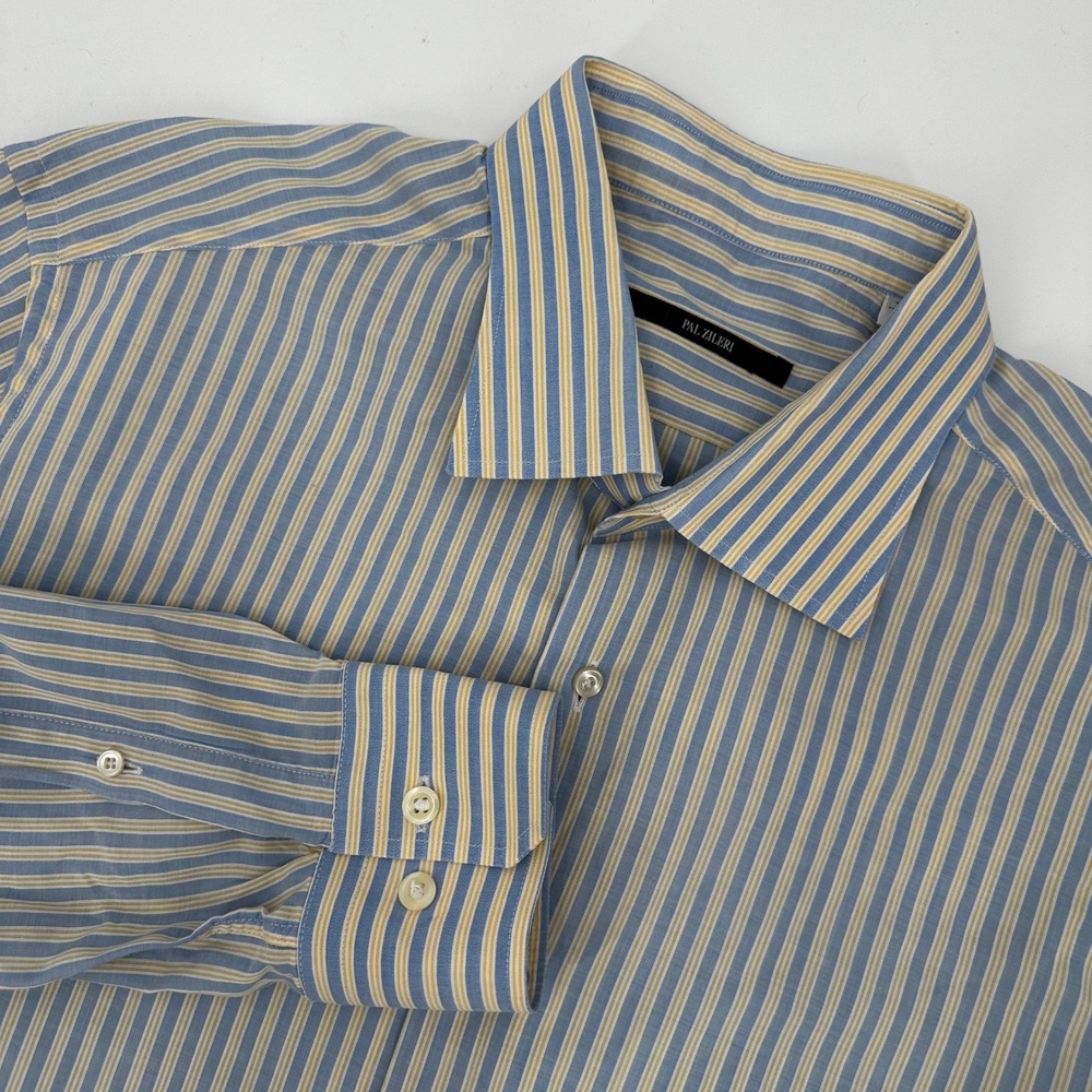 Pal‎ Zileri Men's Blue Yellow Vertical Stripe Dress Shirt Size 17 43 Italy Large